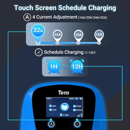 Tera EV oplader Smart APP: 32A type 2 22kW of 11kW thuis laadstation 400V CE & TÜV Wallbox 7 m oplaadkabel met lader houder app-besturing CEE 3-fasen stekker voor alle EV's en PHEV's W01 blauw