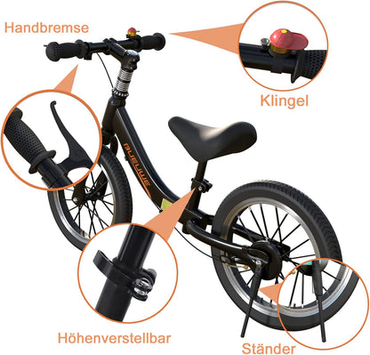 Gaslike 35,6 cm kinderbalansfiets voor kinderen van 2 3 4 5 6 jaar oud, fiets zonder pedalen met handrem en kickstand, verstelbare zithoogte, luchtbanden, buitenspeelgoed voor meisjes en jongens
