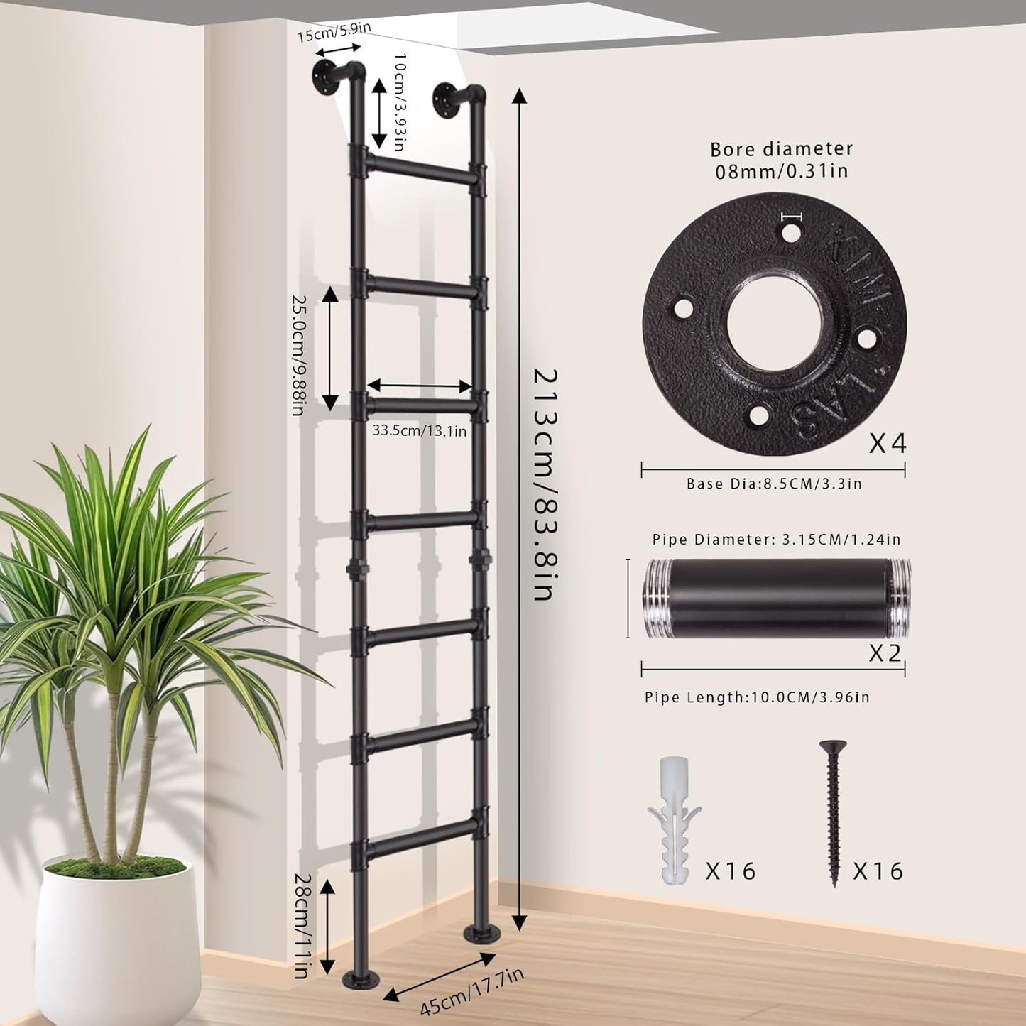Stapelbedladder met 7 treden, van muur tot vloer, robuuste uitgangsladder voor kelderraam, klimladder voor zolder, slaapzaal, terras, maximale belasting 150 kg/215 cm
