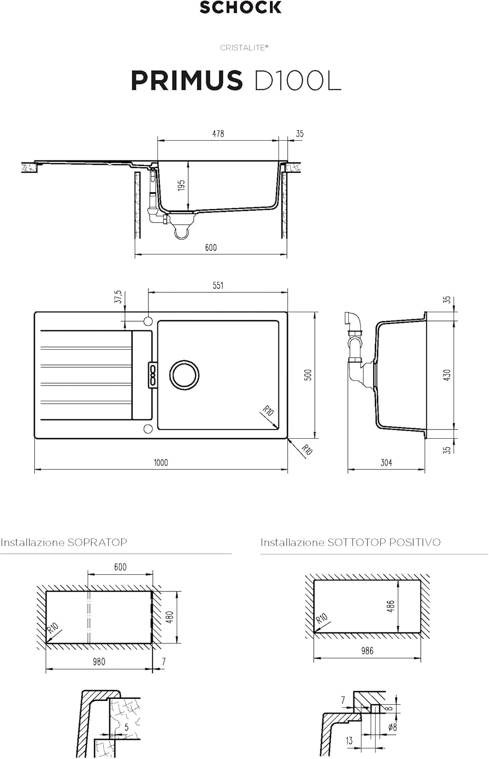 Schock Primusd100l spoelbak, Cristalite Plus, asfalt, 100 x 50 x 25 cm