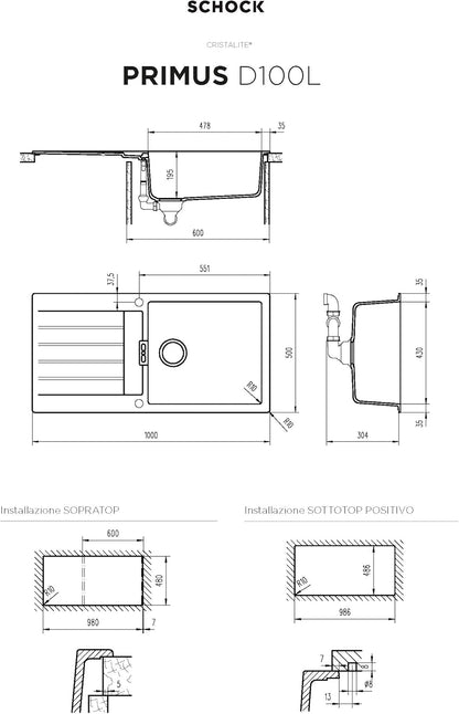 Schock Primusd100l spoelbak, Cristalite Plus, asfalt, 100 x 50 x 25 cm
