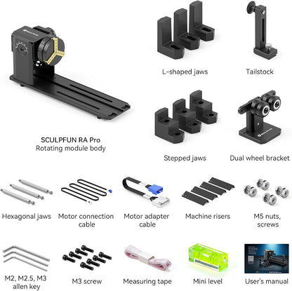 SCULPFUN RA Pro Roterende lasergraveerrol met 3 bekken, 3-in-1 multifunctionele boorhouder voor lasergravure van cilindrische onregelmatige ronde voorwerpen