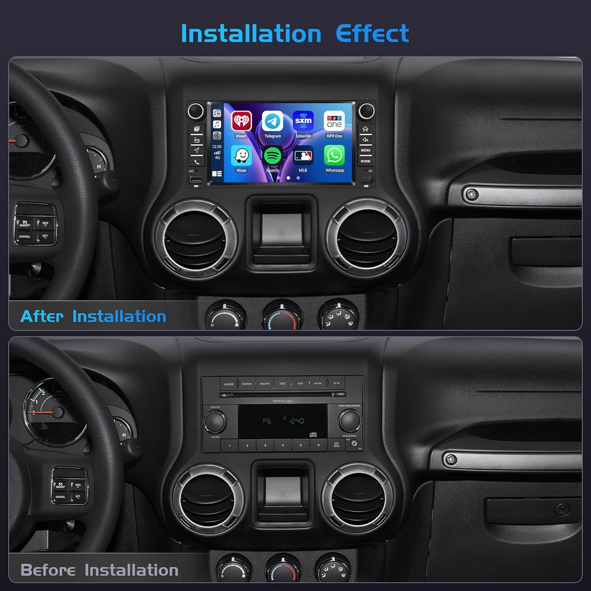 4+128G autoradio voor Jeep Wrangler 2007-2018, Android 15 met 7-inch In-Cell scherm, ondersteunt draadloze CarPlay en Android Auto, Mirror Link, FM/RDS-radio, GPS, wifi, Bluetooth en SWC.
