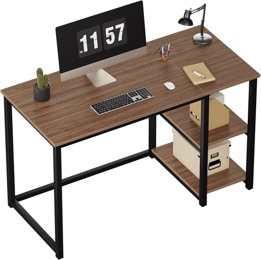 WOHOMO Computerbureau 120 cm met 2-laags planken, stevig thuiskantoor bureau met grote opslagruimte, modern gamingbureau, studie-schrijftafel, laptoptafel, bruin