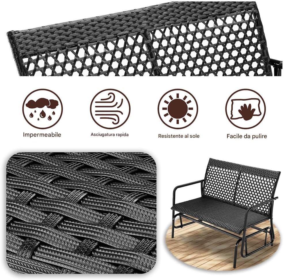 BAKAJI Hollywood schommelbank van rotan, 2 plaatsen voor buiten, tuinbank, kantelbank, ergonomisch, met structuur tegen uv-stralen en weersinvloeden, geschikt voor balkon, terras, terras