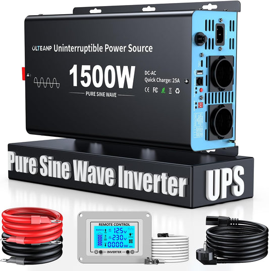 1500 W omvormer, 12 V naar 230 V, zuivere sinus, spanningsomvormer met netprioriteitsschakeling, laadfunctie en UPS functie, afstandsbediening met lcd-scherm, automatische omschakeling voor - QUORE