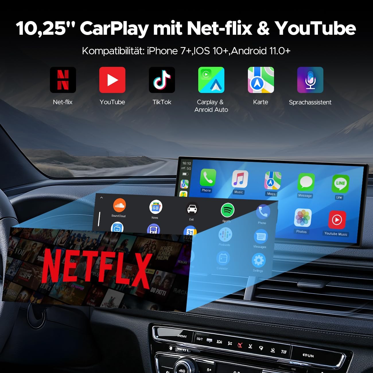 CarPlay Scherm – Android Auto Display – Multimediaspeler – Touchscreen Navigatie – 10,25 Inch – 1080P Achteruitrijcamera – Draadloos Bluetooth & Wi-Fi