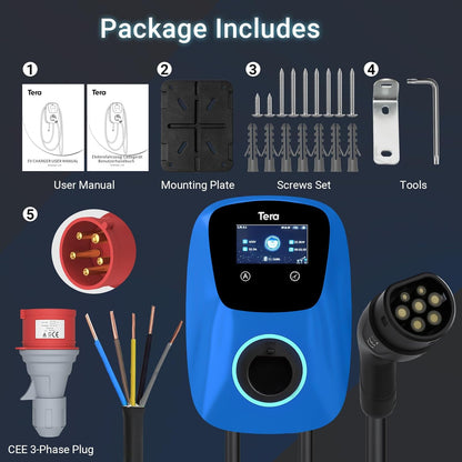 Tera EV oplader Smart APP: 32A type 2 22kW of 11kW thuis laadstation 400V CE & TÜV Wallbox 7 m oplaadkabel met lader houder app-besturing CEE 3-fasen stekker voor alle EV's en PHEV's W01 blauw