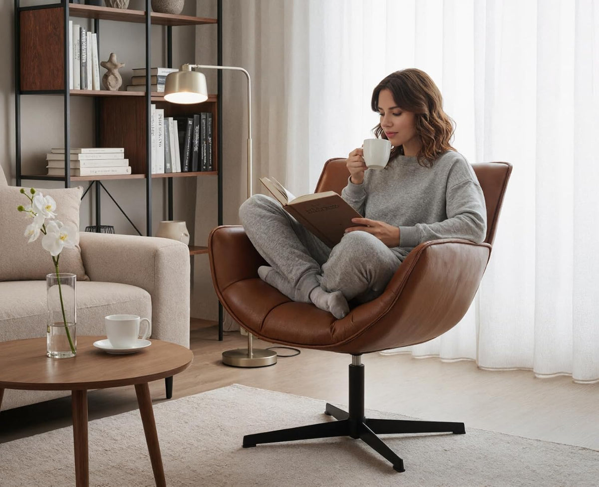 chairus Accent fauteuil voor woonkamer, draaibare kuipstoel in PU-leer, gestoffeerd, gelegenheidsfauteuil met metalen poten (bruin)