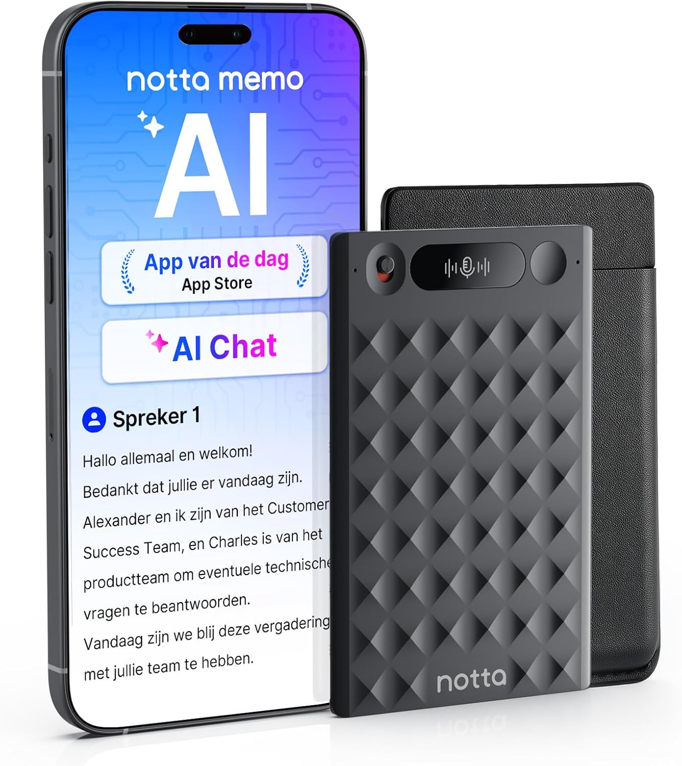 AI-Spraakrecorder – Digitale Voice Recorder, Dicteerapparaat, Audiorecorder, Geluidsrecorder – Met Etui – AI-Transcriptie & Samenvatting – 58 Talen, 32 GB Geheugen Tot 2000 Uur Opname