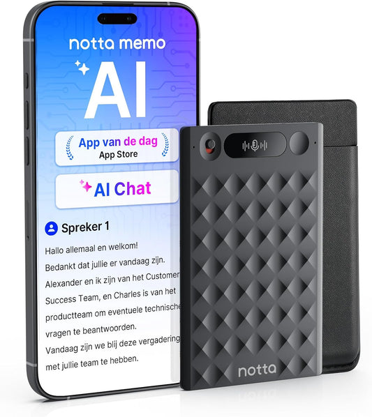 AI-Spraakrecorder – Digitale Voice Recorder, Dicteerapparaat, Audiorecorder, Geluidsrecorder – Met Etui – AI-Transcriptie & Samenvatting – 58 Talen, 32 GB Geheugen Tot 2000 Uur Opname