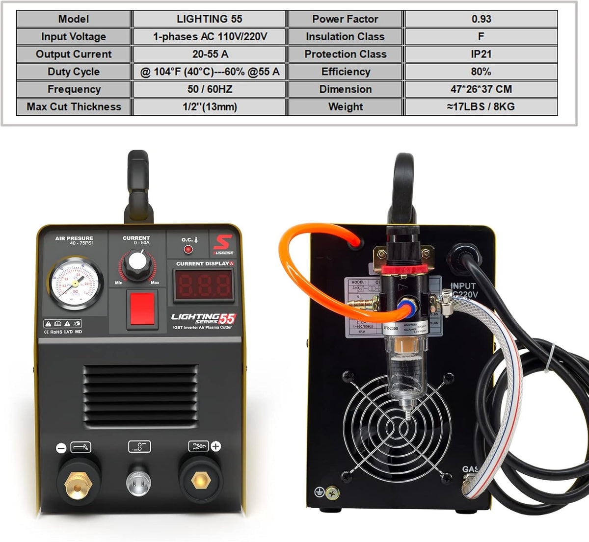 SUSEMSE Plasmasnijder 55 ampère IGBT inverter plasma cutter CUT55 plasma lasapparaat (DC, 230V, snijstroom 20-55A, snijvermogen max tot 14mm) - met plasmabrander en plasma sproeiers set