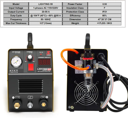 SUSEMSE Plasmasnijder 55 ampère IGBT inverter plasma cutter CUT55 plasma lasapparaat (DC, 230V, snijstroom 20-55A, snijvermogen max tot 14mm) - met plasmabrander en plasma sproeiers set