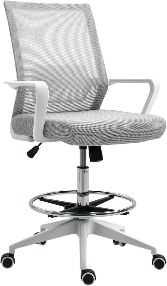 Vinsetto Office Chair, High Seat Office Chair, Adjustable Desk Stool, 360 Degree Rotatable, Grey/White, Breathable Mesh - QUORE