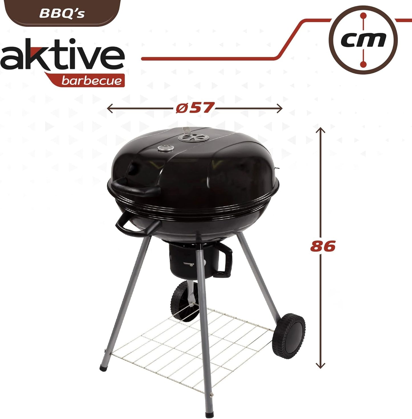 Aktive 52803 Draagbare houtskoolgrill, ronde grill met deksel, diameter 57 x 86 cm, met geïntegreerd ventilatiesysteem en asbak, temperatuurregeling, 2 wielen voor eenvoudig transport