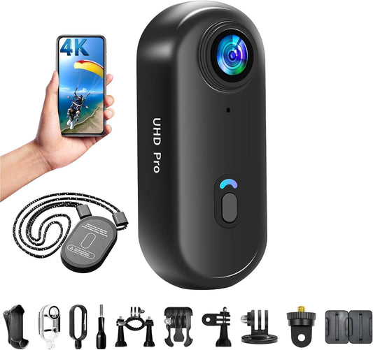Mini Action Cam WiFi 4K onderwatercamera, waterdicht tot 30 m handsfree voor overal 360° helmcamera voor motorfiets, fiets, bodycam, mini-camera