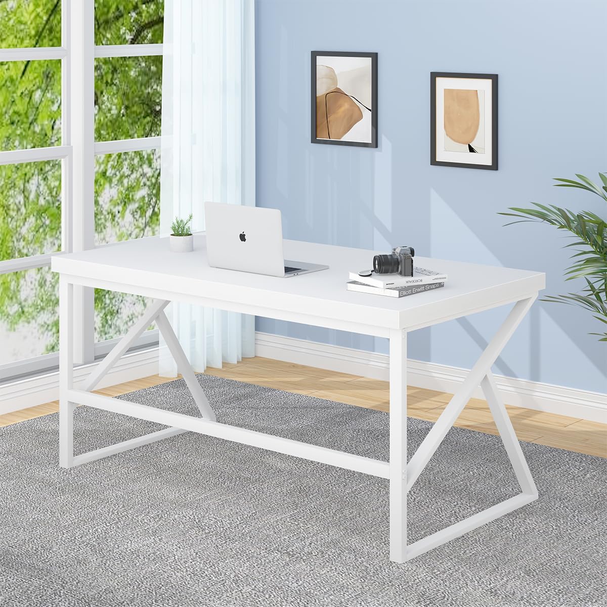 HSH Wit Bureau, Modern Home Office PC Laptop Bureau, Groot Industrieel Metalen Houten Bureau voor Executive Schrijven Werk Studie Gaming, Lange Student Computer Tafel voor Slaapkamer Woonkamer, Wit