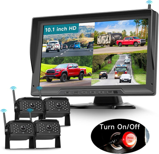 Podofo 4 x draadloze achteruitrijcamera's met monitor 10,1 inch IP69 nachtzicht groothoek,IPS monitor achteruitrijcamera's radio voor auto camper/caravan/vrachtwagen,4-split screen,loop video