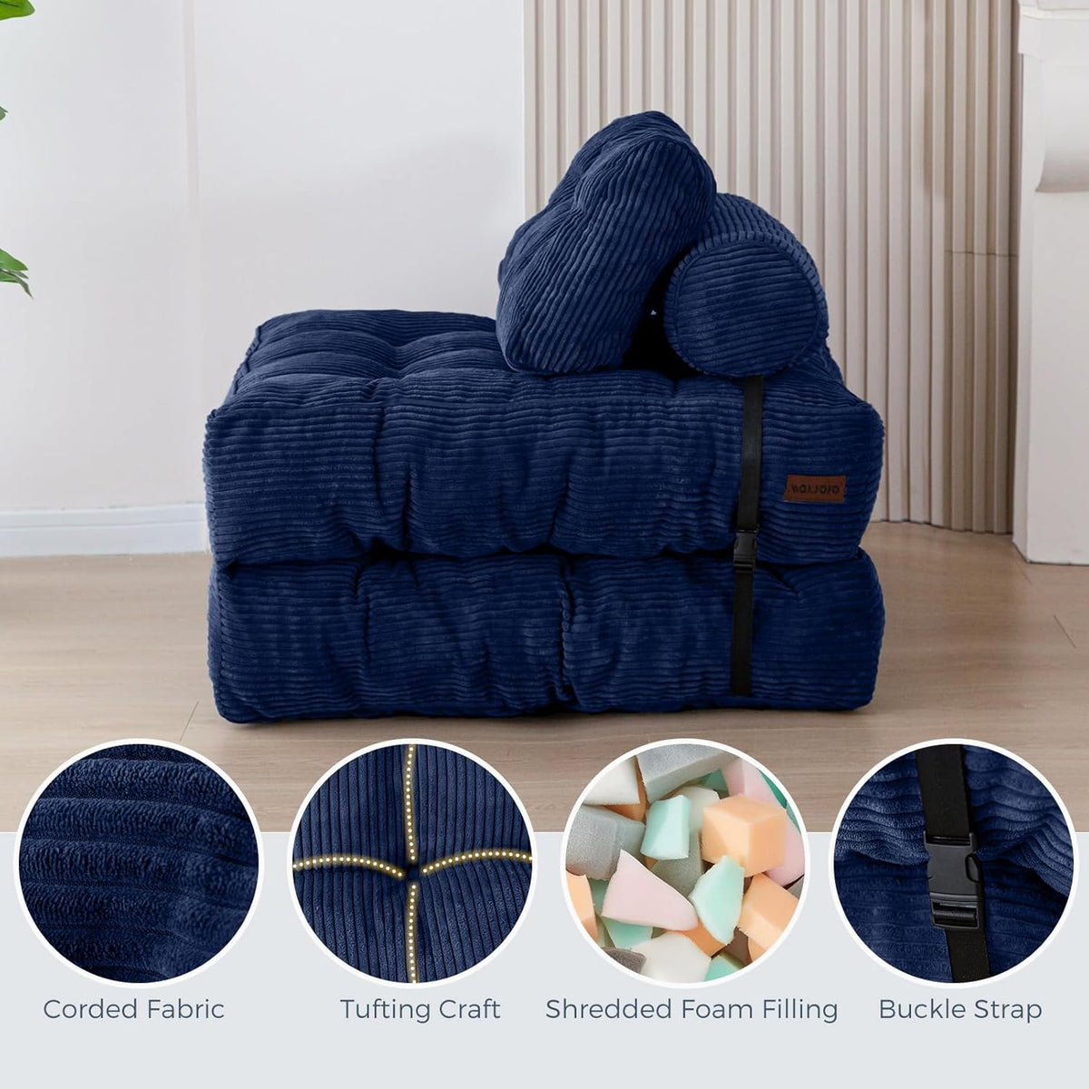 MAXYOYO Opvouwbare slaapbank, omvormbare slaapstoel met kussen, matras met rugsteun, draagbare stoel, bed, comfortabele vloerbank, lounge voor woonkamer, slaapkamer, marineblauw