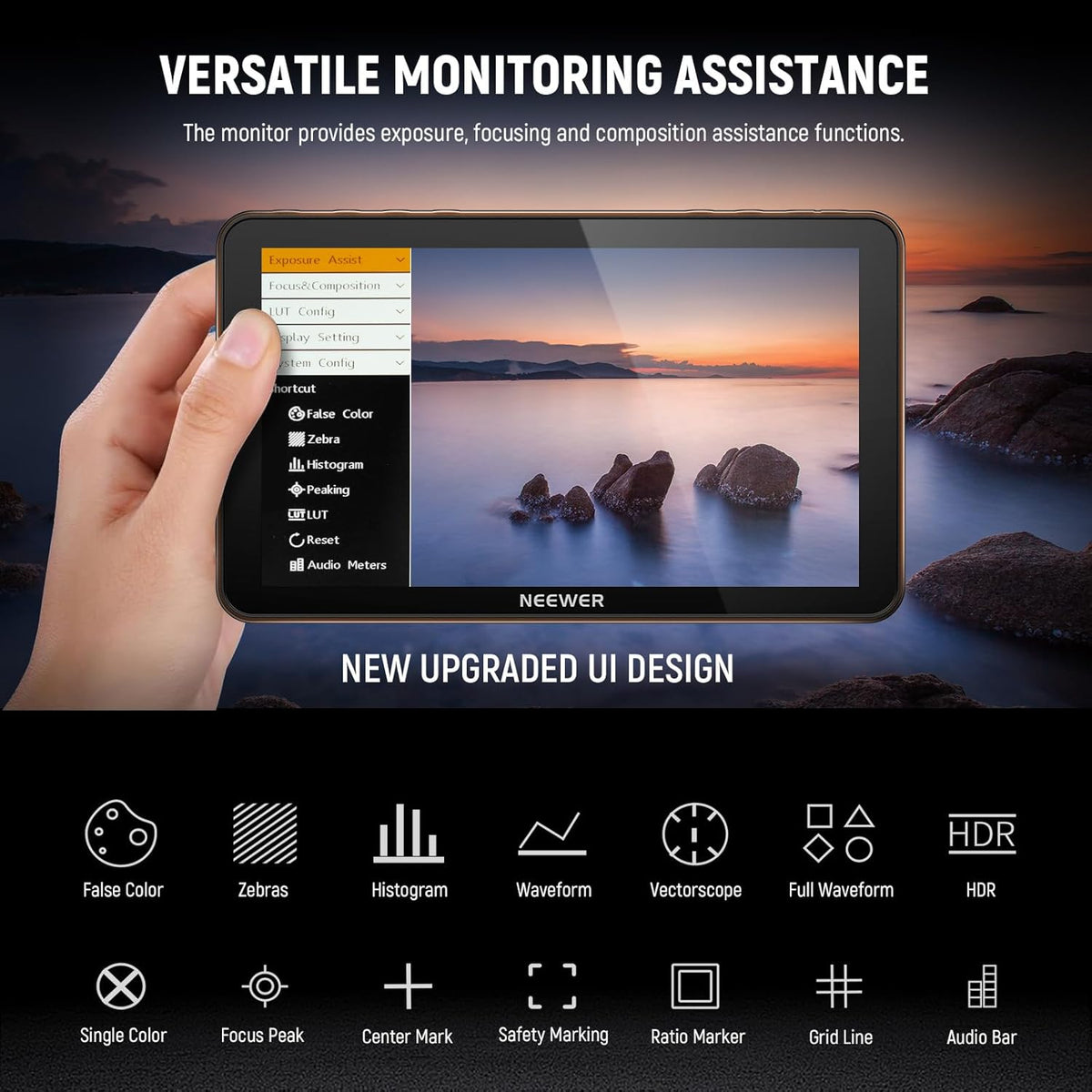 NEEWER F700 7 inch camera veld monitor, 2000nit HD 1920 x 1080 IPS touchscreen met 3D LUT, 4K HDMI Loop In/Out met Peak Focus DSLR Video Assist HDR golfvorm, Cold Shoe Mount, 2 NP-F750 batterijen en