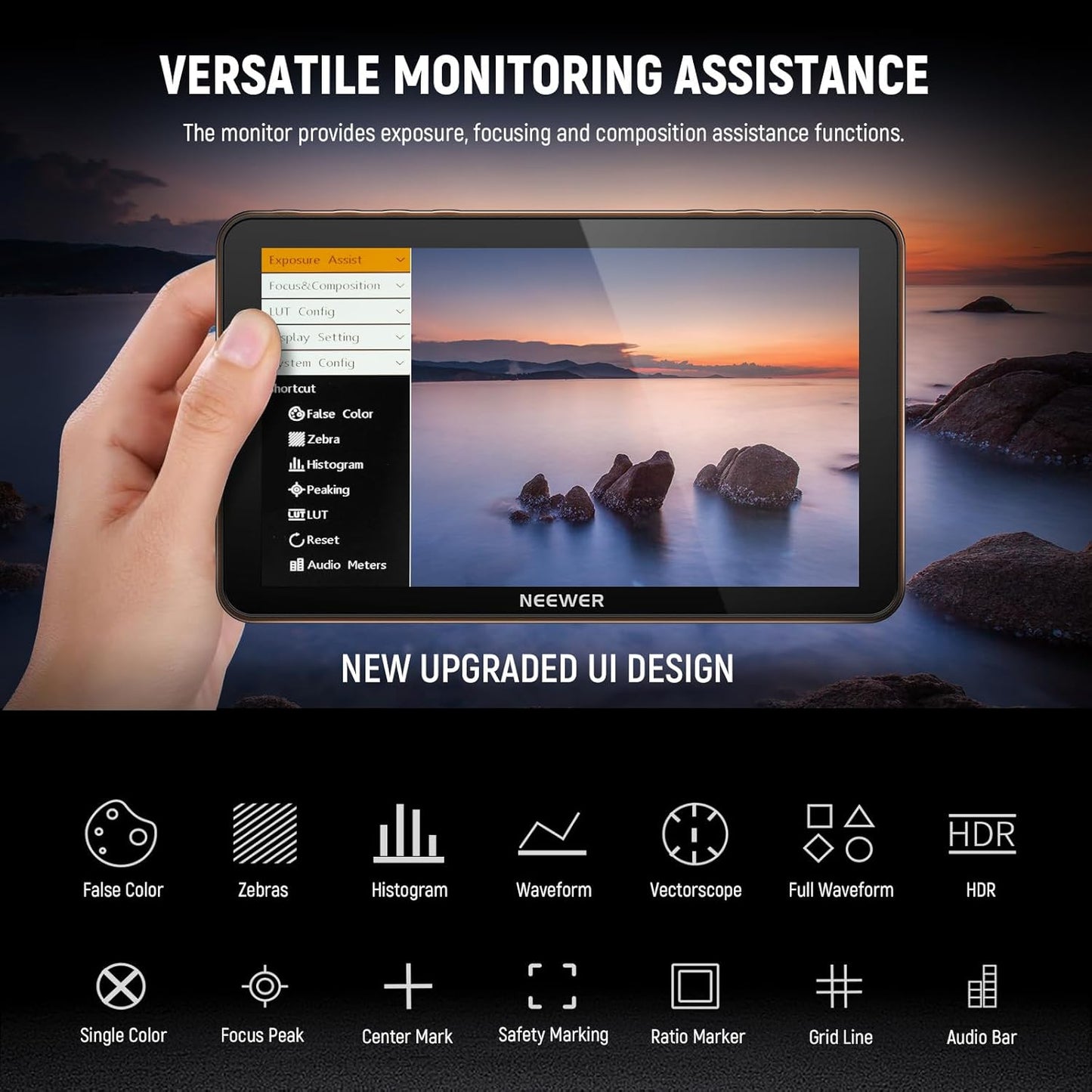 NEEWER F700 7 inch veldmonitor voor camera, 2000nit HD 1920 x 1080 IPS touchscreen 3D LUT, Loop in/out HDMI 4K Peak Focus DSLR Video Assist HDR Waveform, ColdShoe, 2 accu's NP-F750, reinigingsdoek