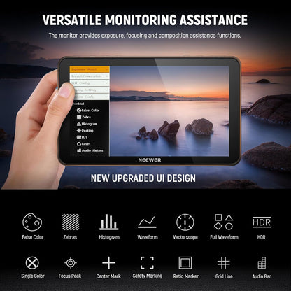 NEEWER F700 7 inch veldmonitor voor camera, 2000nit HD 1920 x 1080 IPS touchscreen 3D LUT, Loop in/out HDMI 4K Peak Focus DSLR Video Assist HDR Waveform, ColdShoe, 2 accu's NP-F750, reinigingsdoek