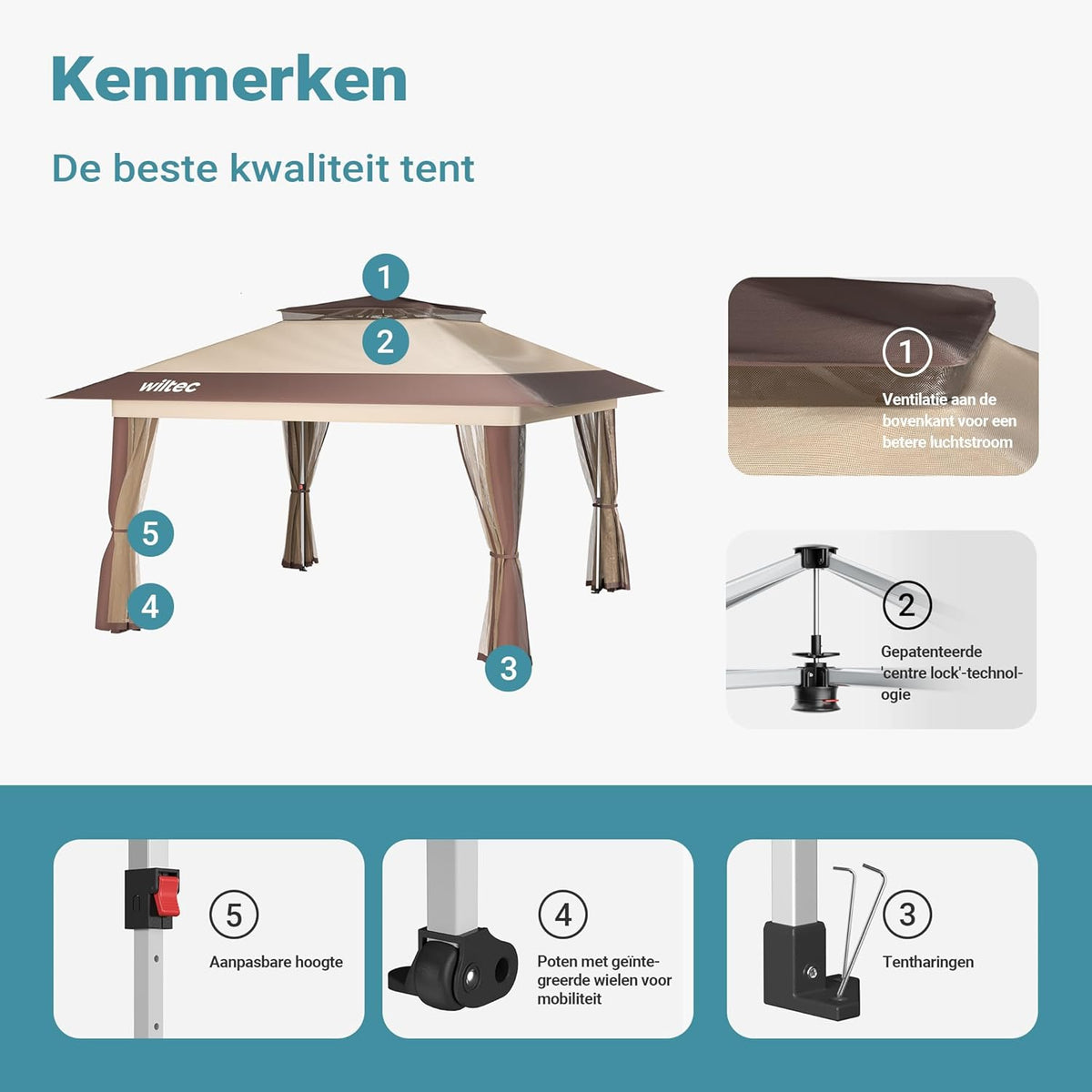 Wiltec opvouwbaar paviljoen partytent met muggennet tuinpaviljoen beige 4 x 4 m