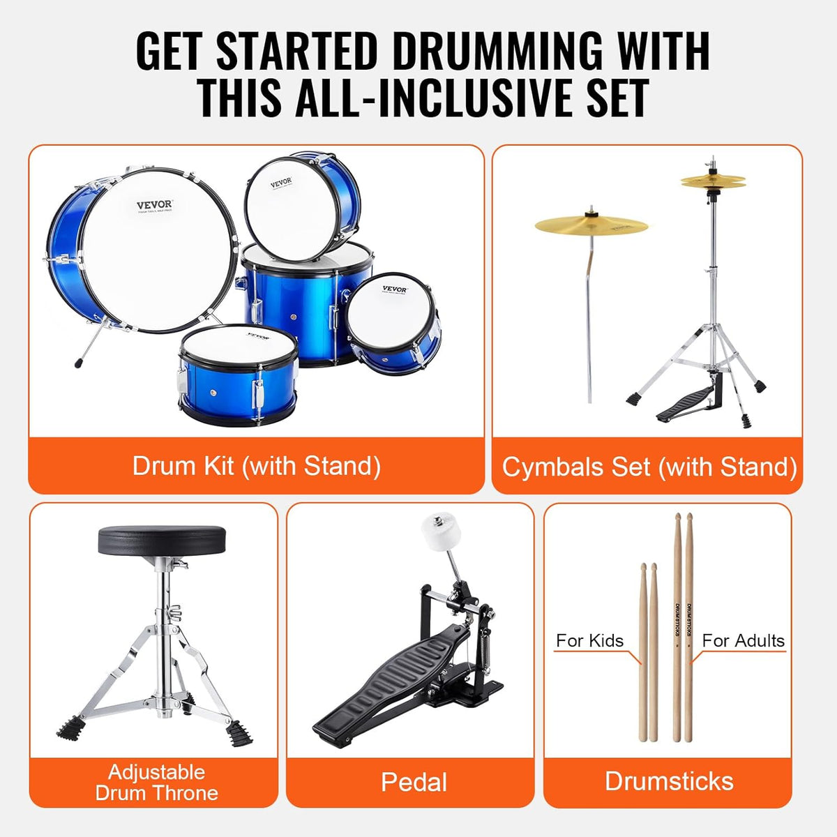 VEVOR 5-delige 40,6 cm Beginner Volledige Set met Bass Toms Snare Floor Verstelbare Troon Bekken Hi-Hat Pedaal en Twee Paar Drumsticks, Starter Drumkit voor Kind Kinderen, Blauw (SH-002-BL)