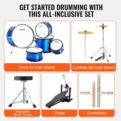 VEVOR 5-delige 40,6 cm Beginner Volledige Set met Bass Toms Snare Floor Verstelbare Troon Bekken Hi-Hat Pedaal en Twee Paar Drumsticks, Starter Drumkit voor Kind Kinderen, Blauw (SH-002-BL)