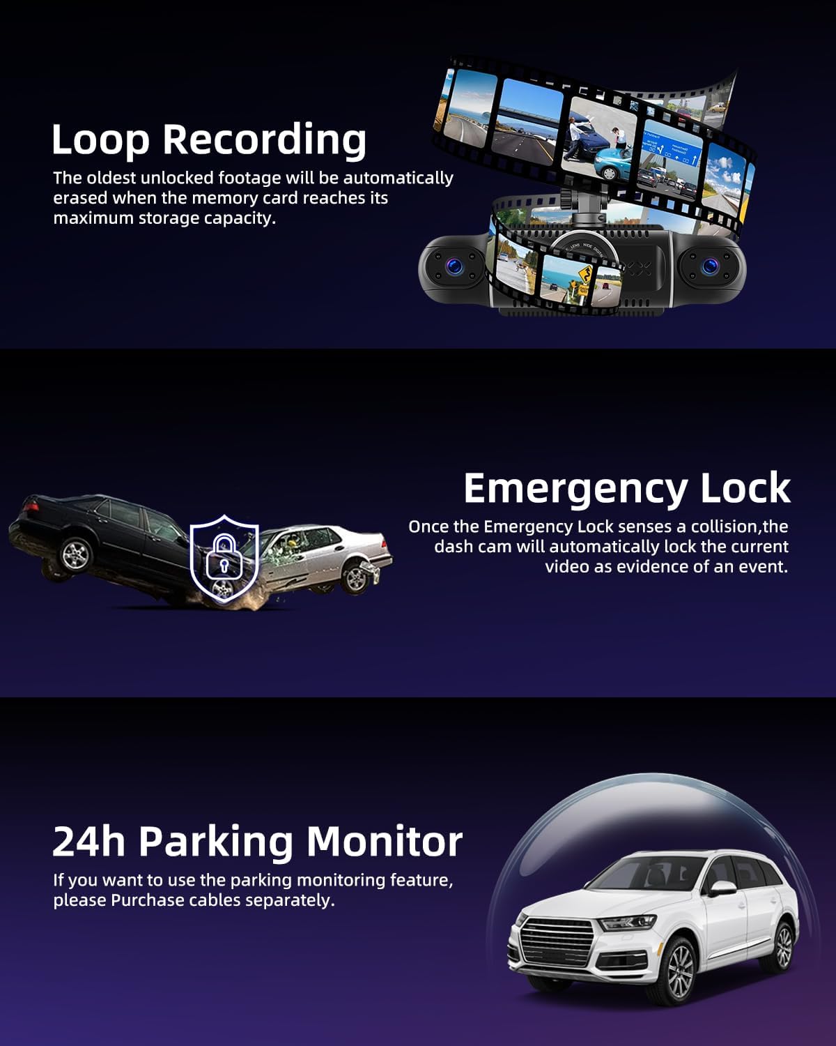 Dashcam – Auto Camera – Rijcamera – Bewakingscamera – 360° Dashcam – 4 Camera’s Met Wifi – 64GB Geheugenkaart & G-Sensor Met Parkeermodus