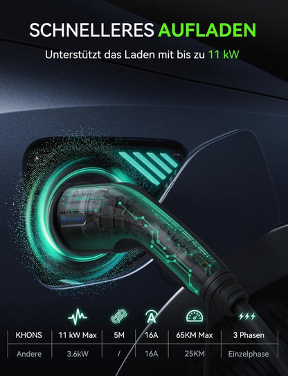 Oplaadkabel voor elektrische auto, type 2, 16 A/11 kW/3-fasig/5 meter, elektrische auto oplaadkabel type 2 naar type 2, EV oplaadkabel voor E auto EV/PHEV modus 3 type 2 oplaadkabel compatibel met