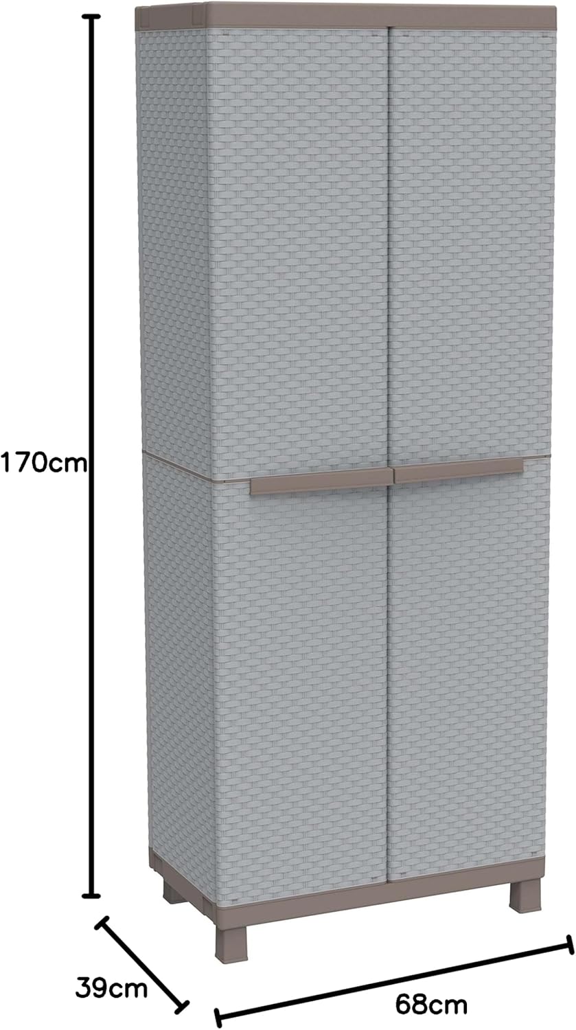 Terry, C-rattan 3680 broom cabinet with two doors in rattan look, vertical divider and 3 shelves, for indoor and outdoor use, 68 x 39 x 170 cm - QUORE