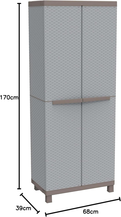 Terry, C-rattan 3680 broom cabinet with two doors in rattan look, vertical divider and 3 shelves, for indoor and outdoor use, 68 x 39 x 170 cm - QUORE