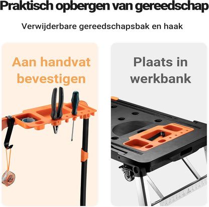 Wiltec werktafel 7-in-1 multifunctionele werkbank als zaagbok werkplatform rolplank transportwagen handkar ligkar trolley steiger van aluminium staal plastic met remmen en haak