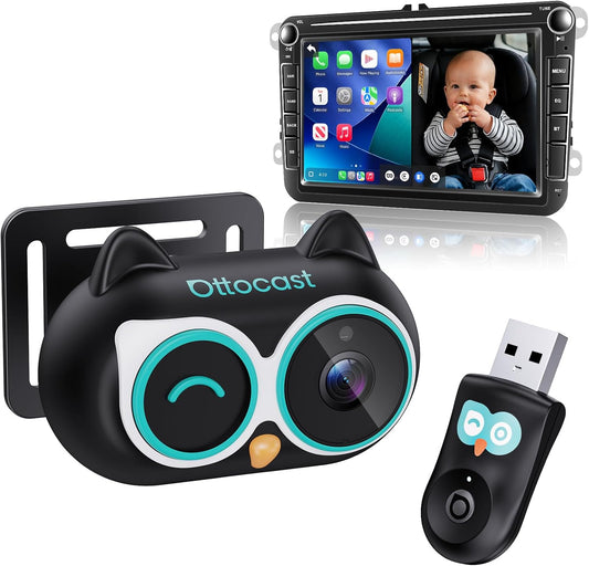 Ottocast Cabin Care CarPlay Adapter 2026, Ottocast Mini 1080P Achterbank Camera, USB-A Plug & Play, Live Weergave op Autodisplay, Alleen voor Fabrieksbedrade CarPlay