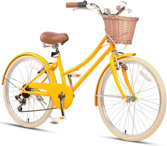 Glerc Missy Girl Cruiser 6 Speed Hybrid City Bike voor kinderen vanaf 6 jaar, met rieten mand, licht, verschillende kleuren, 20/24/26"
