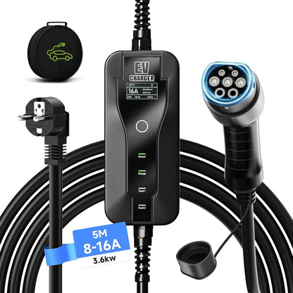 5M EV Oplader Type 2, Type 2 EV-Oplader, 3.6kW Elektrische Voertuiglader, 8-16A Schakelbare Stroom, met Controleerbare Digitale Display, Elektrische Auto Oplaadkabel, met Zak (IEC 62196-2)