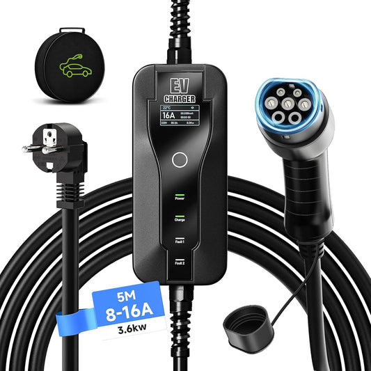 5M EV Oplader Type 2, Type 2 EV-Oplader, 3.6kW Elektrische Voertuiglader, 8-16A Schakelbare Stroom, met Controleerbare Digitale Display, Elektrische Auto Oplaadkabel, met Zak (IEC 62196-2)