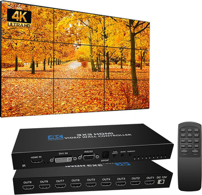 3 x 3 videowandcontroller, 4K 3 x 3, 3 x 2, 2 x 2, 3 x 1, 1 x 4, 2 x 3, 4 x 2, 2 x 4, met afstandsbediening voor 9 tv's, ondersteuning voor 180° beeldrotatie.