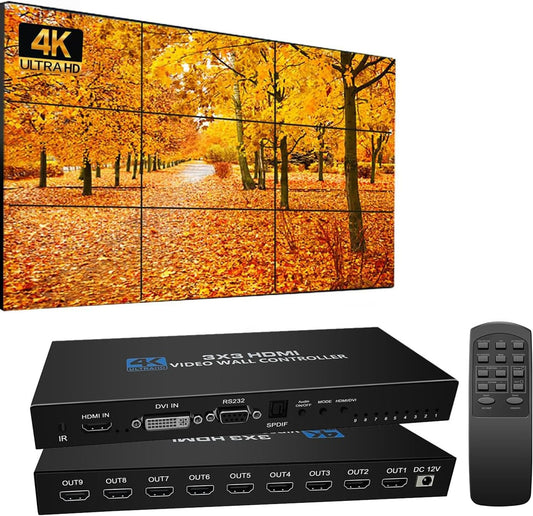 3 x 3 videowandcontroller, 4K 3 x 3, 3 x 2, 2 x 2, 3 x 1, 1 x 4, 2 x 3, 4 x 2, 2 x 4, met afstandsbediening voor 9 tv's, ondersteuning voor 180° beeldrotatie.