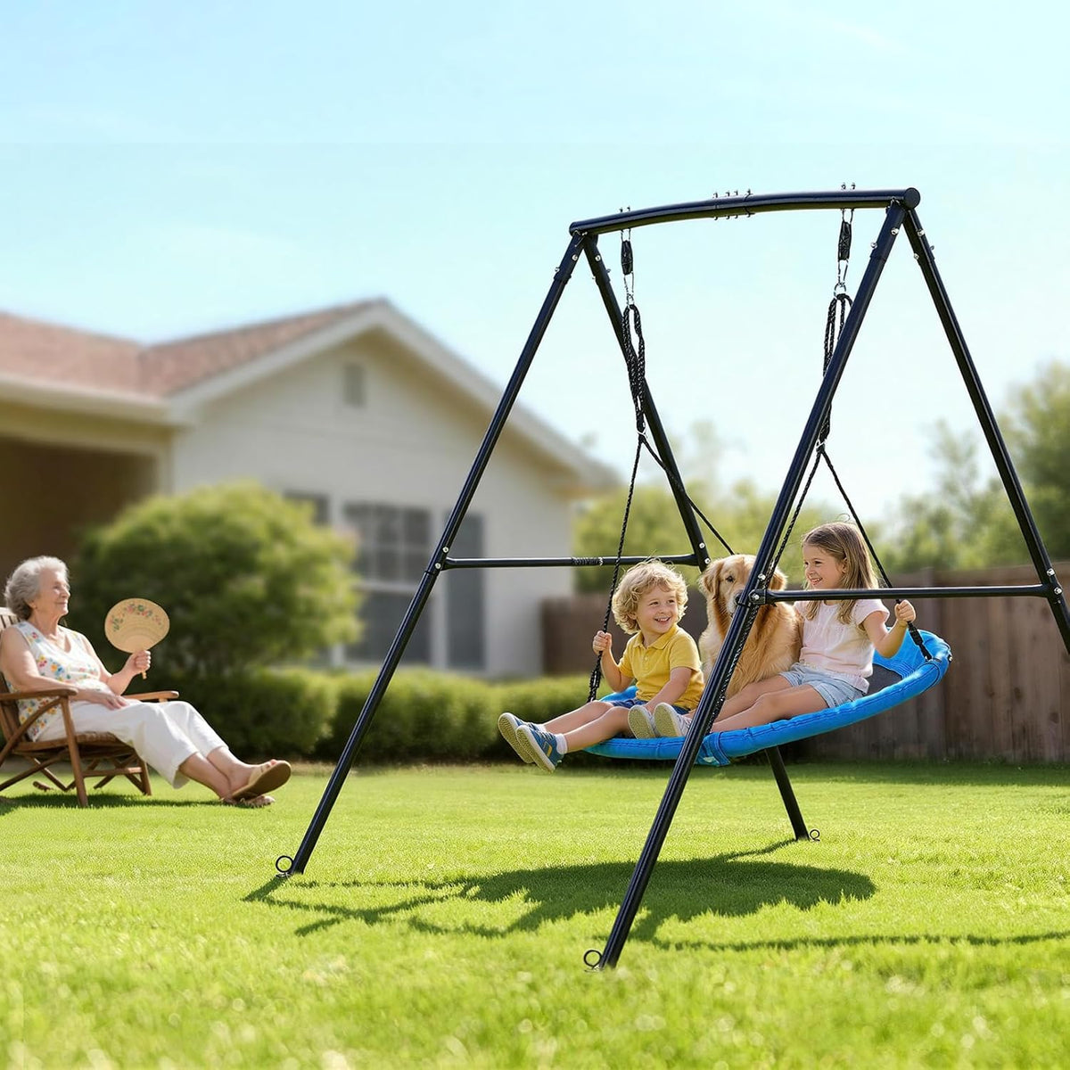 VEVOR Tuinschommel van metaal, A-vormig, voor kinderen, maximale belasting 199,6 kg, zitschommel 150 x 81 cm, voor buiten, binnenplaats, speelplaats, driehoekige structuur voor kinderen