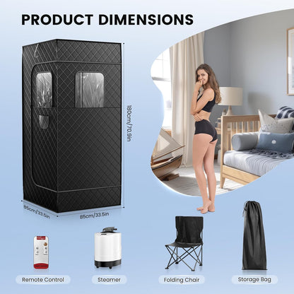 Saunakent, stoomsauna voor thuis, 3 minuten snel opwarmen en 9 warmtestanden, draagbare mobiele sauna met 2,6 l stoom, klapstoel, afstandsbediening, 180 x 80 x 80 cm