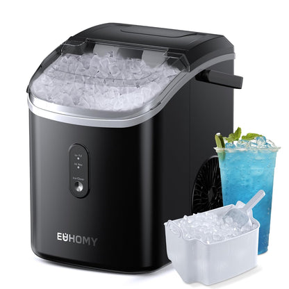 EUHOMY IJsblokjesmachine, 15 kg/24 uur, productie in 6 minuten, crushed ice maker, nuggets Ice, automatische reiniging, 120 W tafel-ijsblokjesmachine, infraroodsensor, energiezuinig, zwart