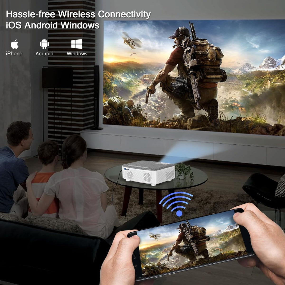 Beamer, wifi-beamer met 120 inch scherm, 7500 lumen WLAN Bluetooth beamer ondersteuning 1080p video, met hifi-luidspreker, compatibel met Fire Stick, smartphone, tablet