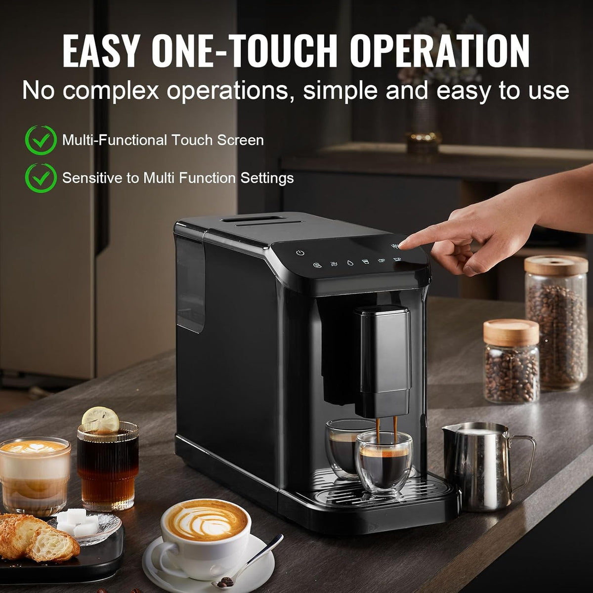 VEVOR Automatische espressomachine, professionele espressomachine 15 bar met geïntegreerde molen, 15 maalstanden, met 1,5 l waterreservoir en 180 g bonentrechter, voor kantoor