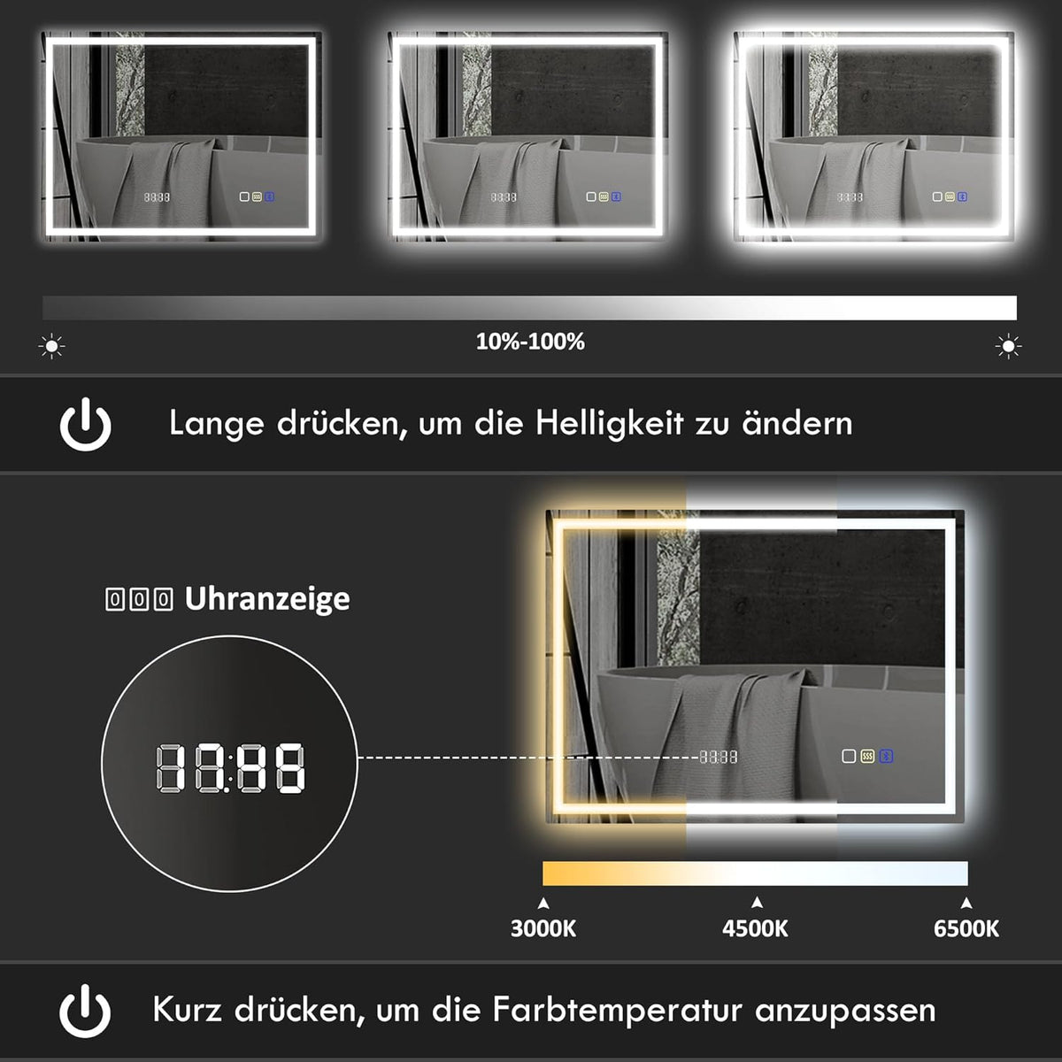 Badkamerspiegel – LED Spiegel – Wandspiegel – Verlichte Spiegel – Bluetooth Spiegel – Anti-Condens – 100 x 80 cm – Gehard Glas