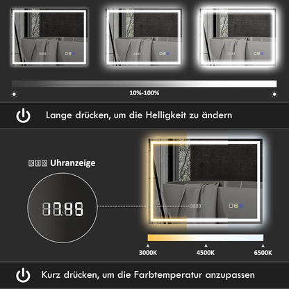 Badkamerspiegel – LED Spiegel – Wandspiegel – Verlichte Spiegel – Bluetooth Spiegel – Anti-Condens – 100 x 80 cm – Gehard Glas