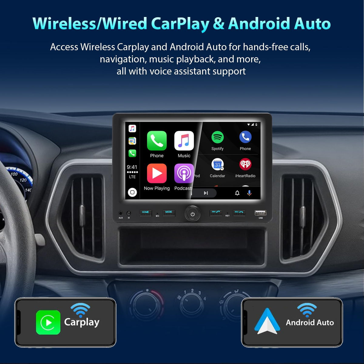Autoradio 1 DIN met 7" scherm instelbaar Touchscreen, Compatibel met [Wireless] Apple CarPlay/Android Auto Bluetooth Achteruitrijcamera AM/FM/RDS Radio Type-C USB (3A snel opladen) AUX SD