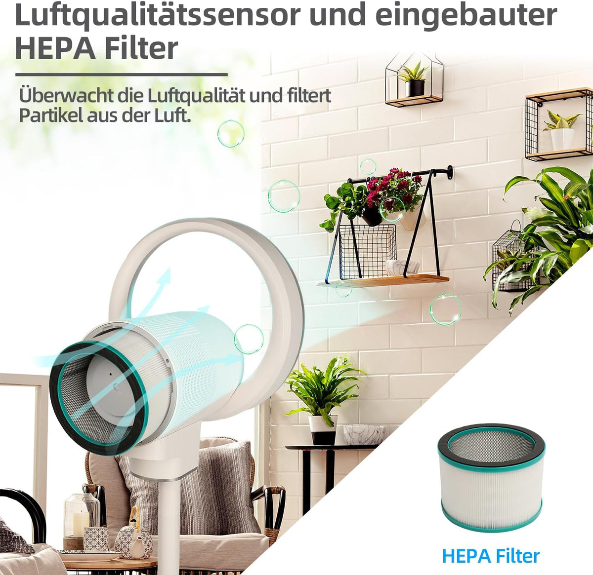 Be Cool Design staande ventilator met wifi: onzichtbare vleugel, ledverlichting, touch-bedieningspaneel + lcd, luchtreinigingsfunctie met luchtkwaliteitsindicatie, 35 W, 9 snelheden, wifi via Tuya-app