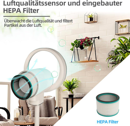 Be Cool Design staande ventilator met wifi: onzichtbare vleugel, ledverlichting, touch-bedieningspaneel + lcd, luchtreinigingsfunctie met luchtkwaliteitsindicatie, 35 W, 9 snelheden, wifi via Tuya-app